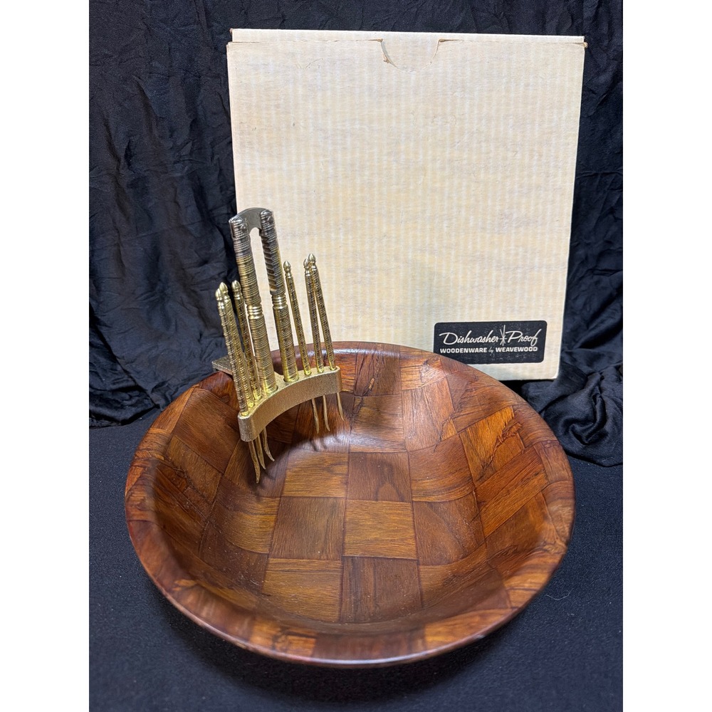 Vintage Weavewood Woven Wood Salad Bowl with Gold Metal Nut Cracker & Pick Set